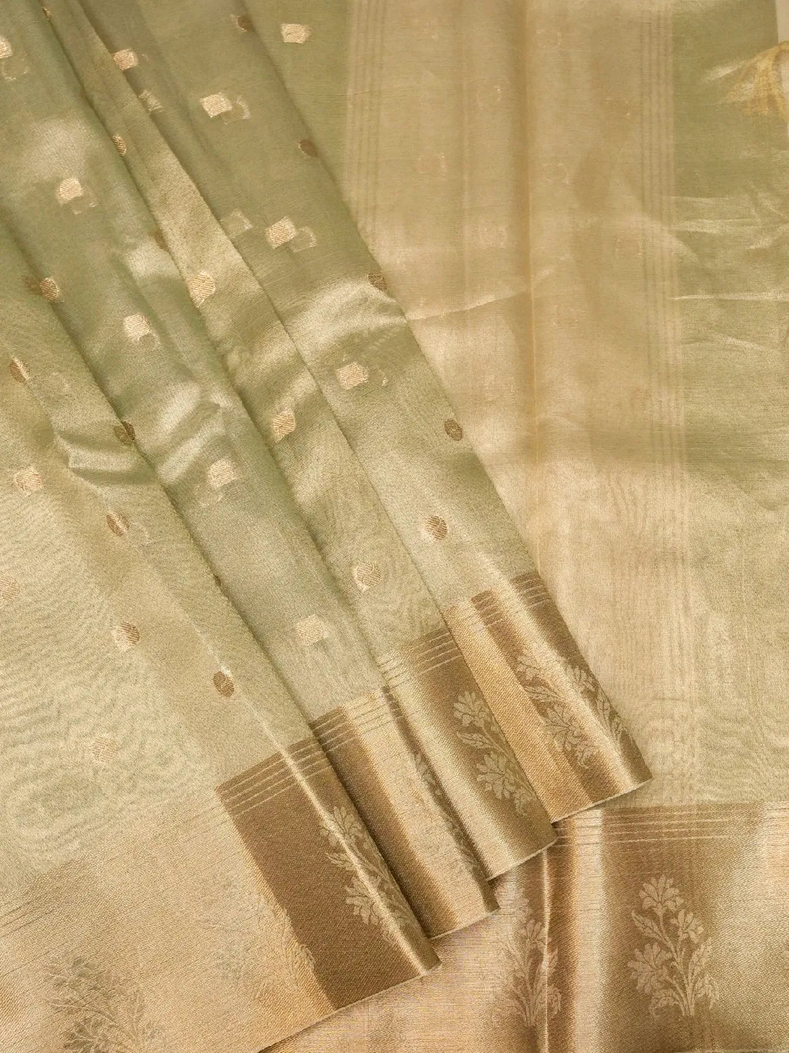 Handloom Sage Green Banarasi Tissue Silk Saree with Gold Zari Buti DSK0070