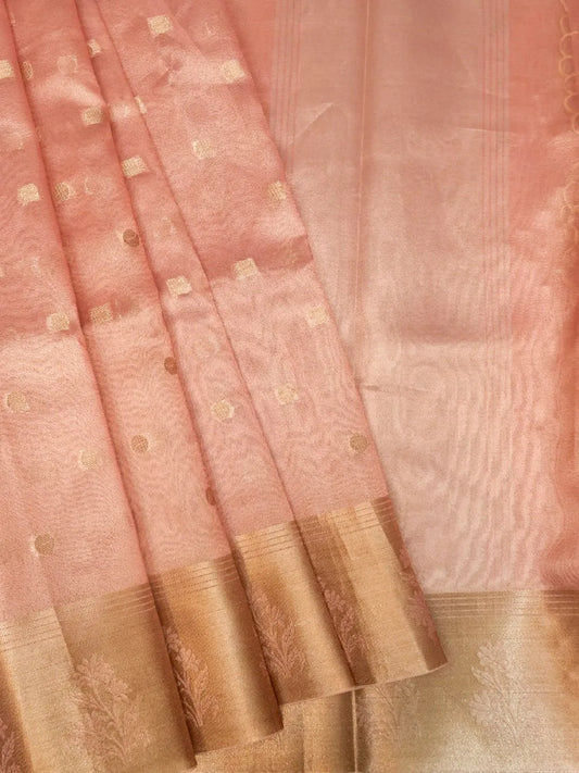 Handloom Peach Banarasi Tissue Silk Saree with Golden Zari Buti DSK0071