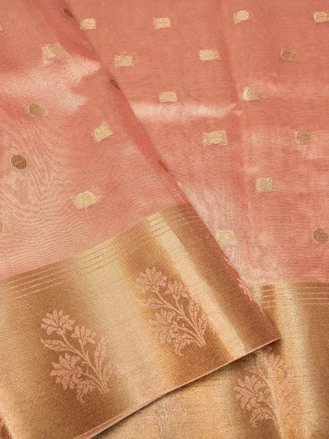 Handloom Peach Banarasi Tissue Silk Saree with Golden Zari Buti DSK0071