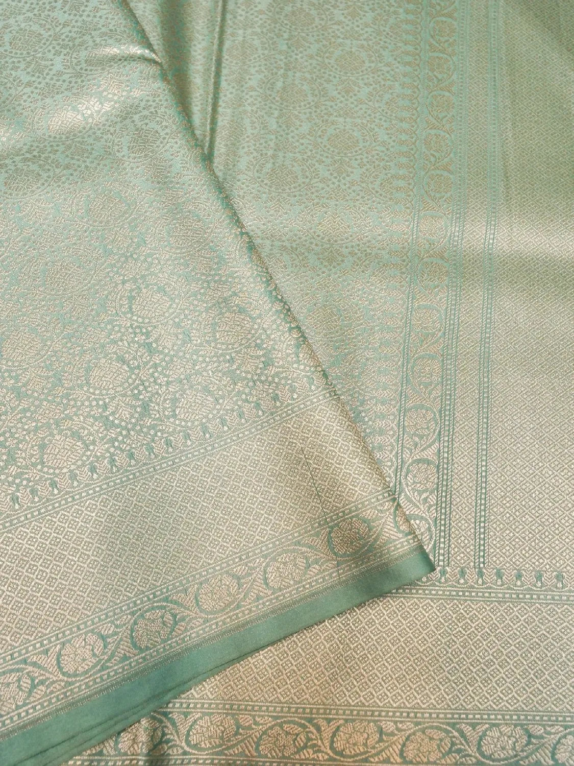 Handloom Seafoam Green Banarasi Katan Silk Saree with Golden Zari Work DSK0074