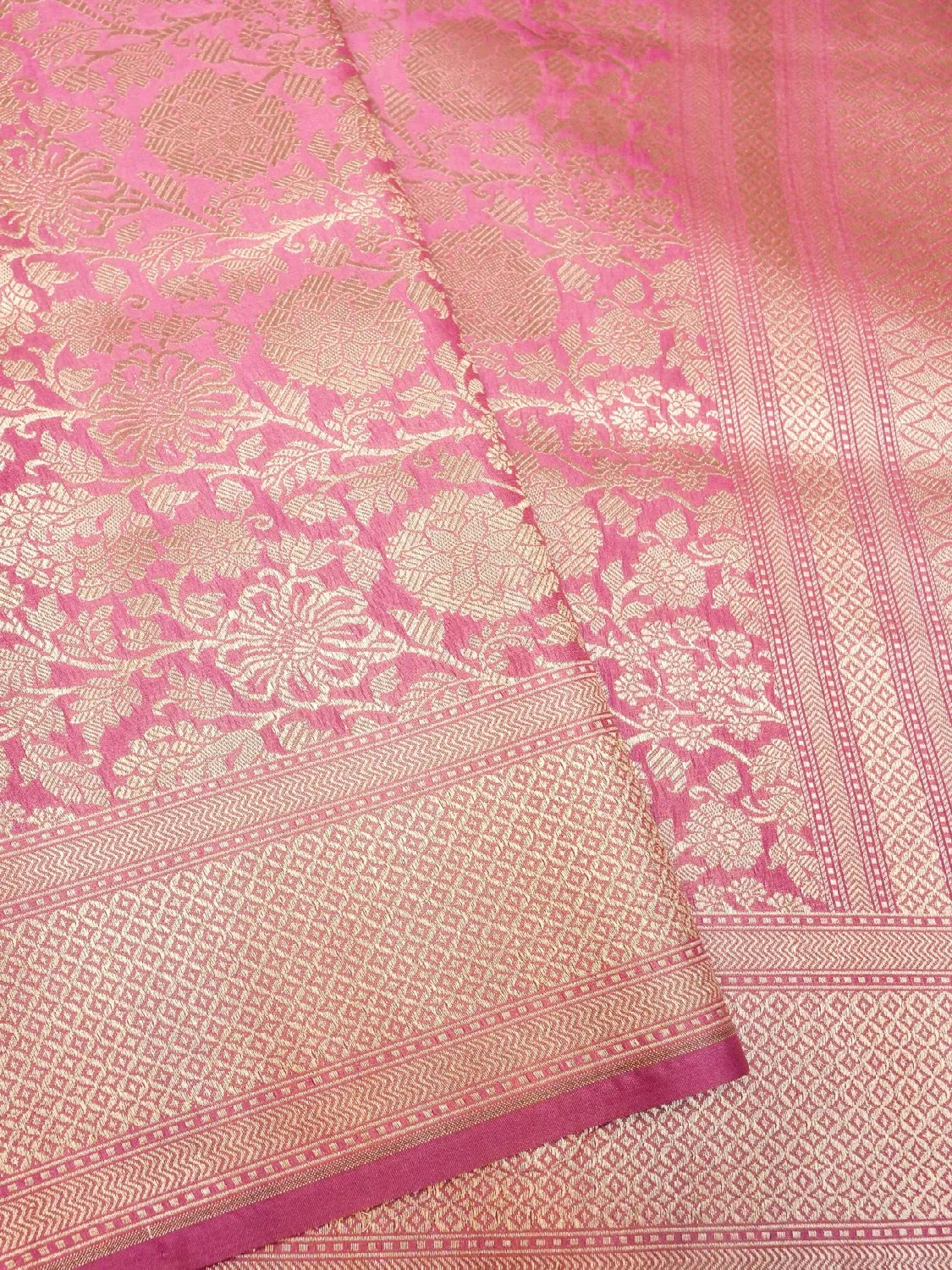 Handloom Rose Pink Banarasi Silk Saree with golden Zari Floral Jaal DSK0076