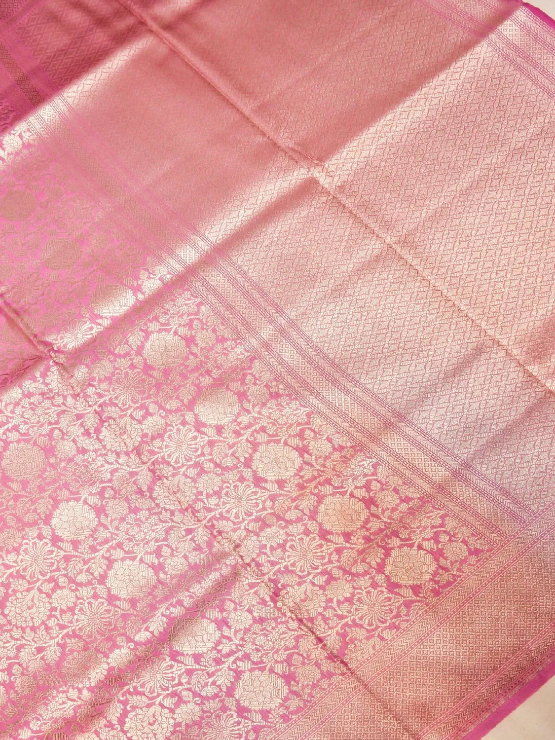 Handloom Rose Pink Banarasi Silk Saree with golden Zari Floral Jaal DSK0076