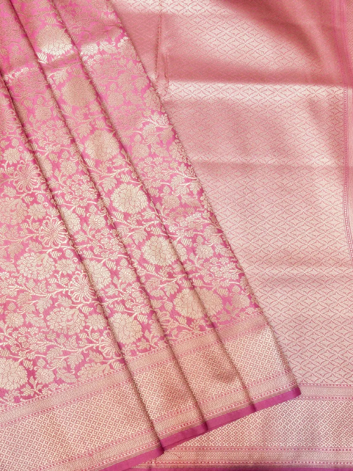 Handloom Rose Pink Banarasi Silk Saree with golden Zari Floral Jaal DSK0076