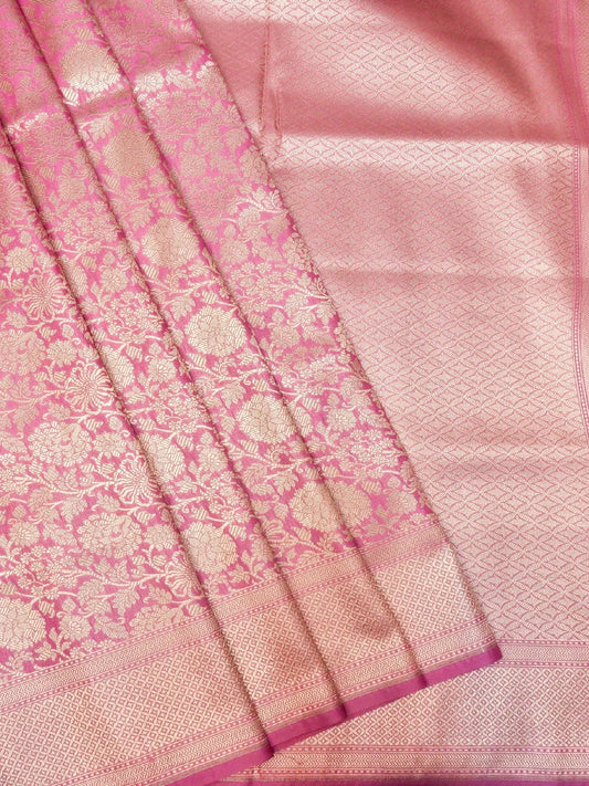 Handloom Rose Pink Banarasi Silk Saree with golden Zari Floral Jaal DSK0076