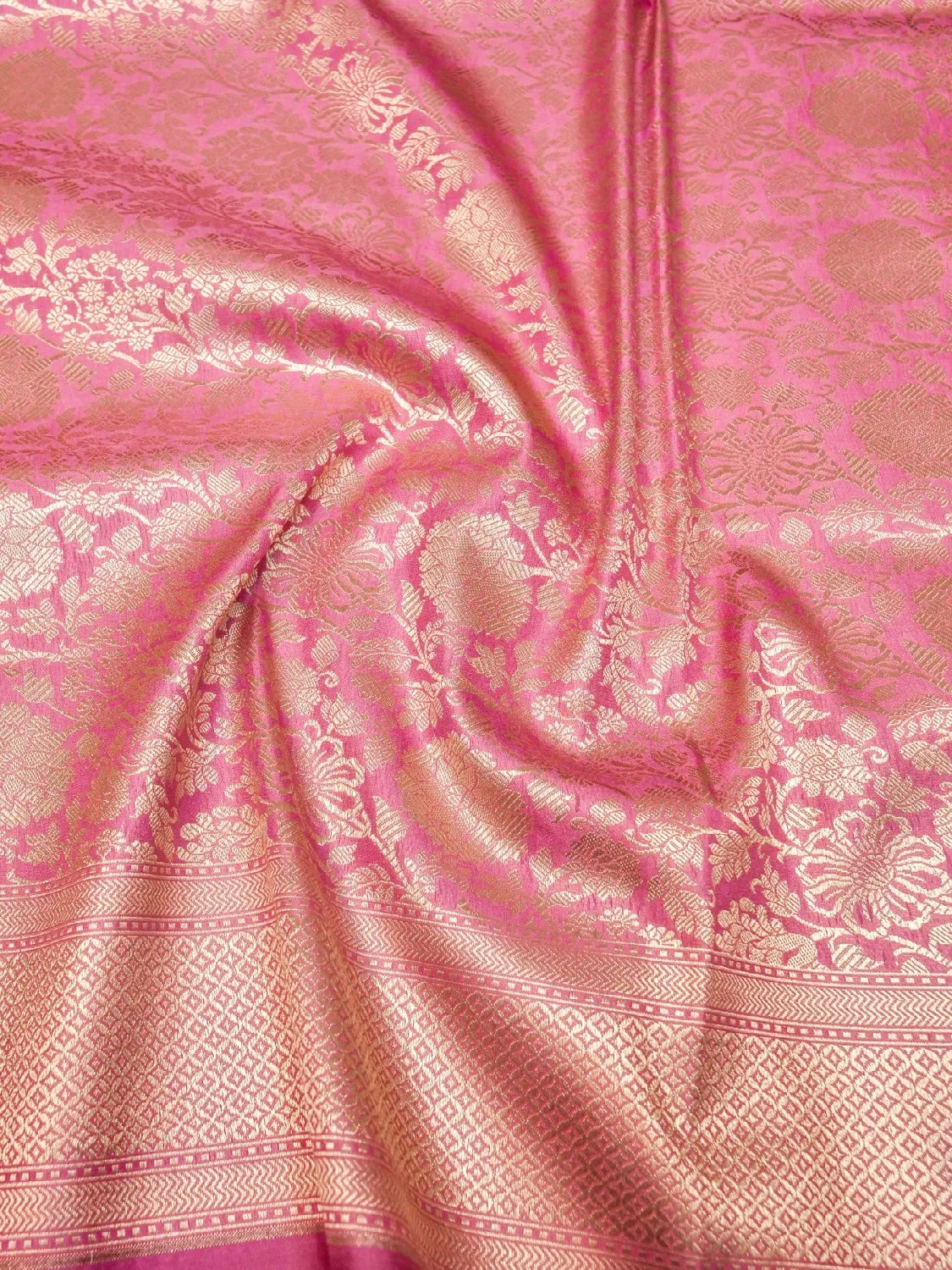 Handloom Rose Pink Banarasi Silk Saree with golden Zari Floral Jaal DSK0076