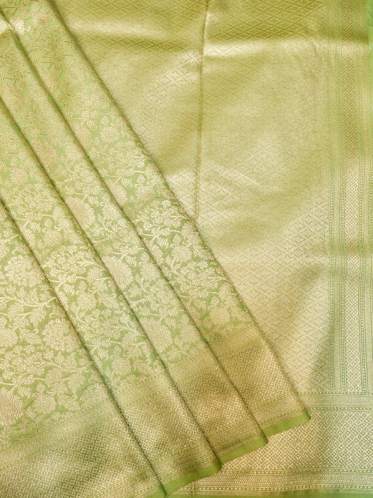 Handloom Parrot Green Banarasi Silk Saree with Golden Zari Jangla Pattern DSK0077