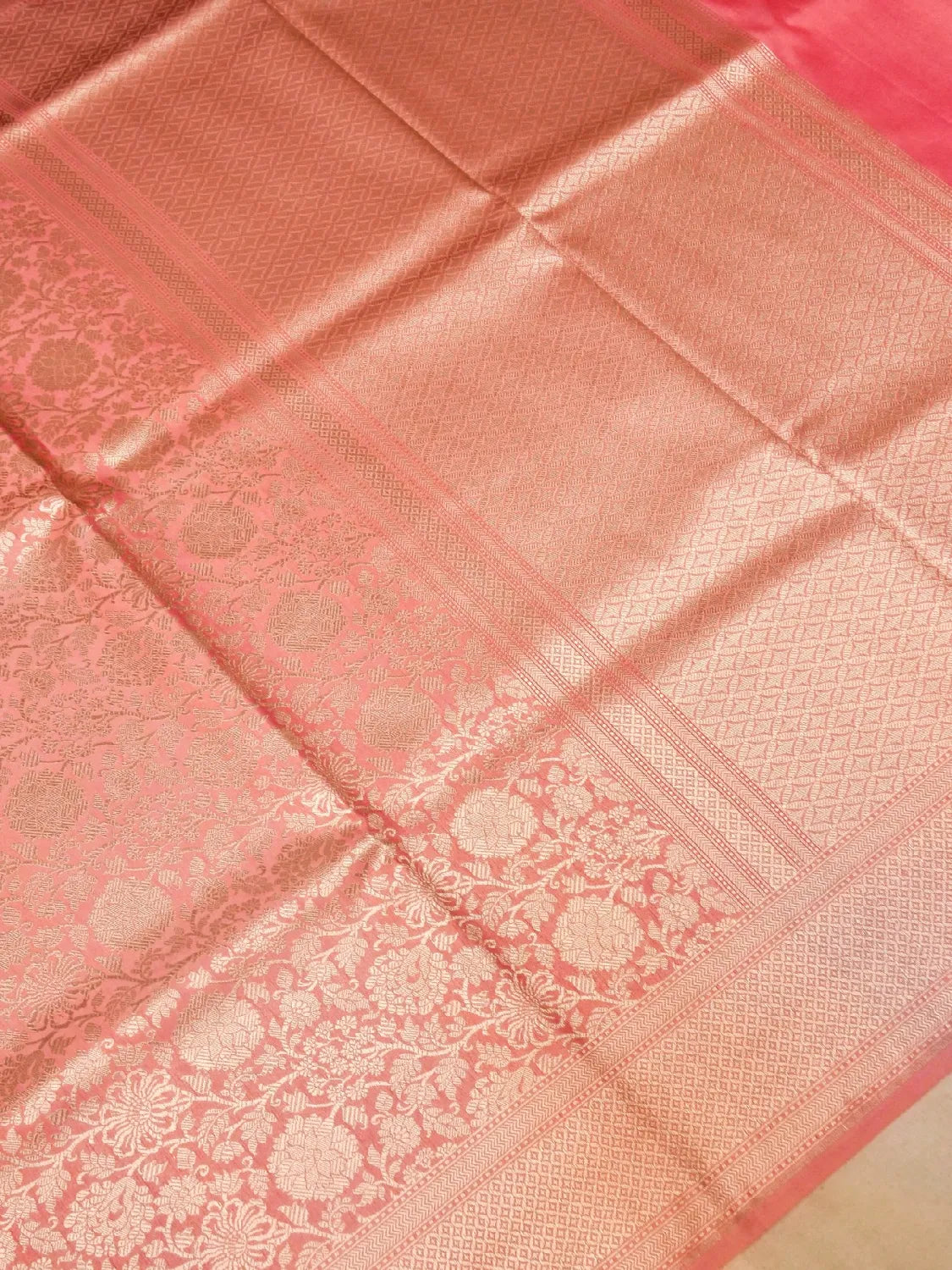 Handloom Peach Coral Banarasi Silk Saree with Golden Zari Jangla Weave DSK0079