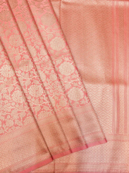 Handloom Peach Coral Banarasi Silk Saree with Golden Zari Jangla Weave DSK0079