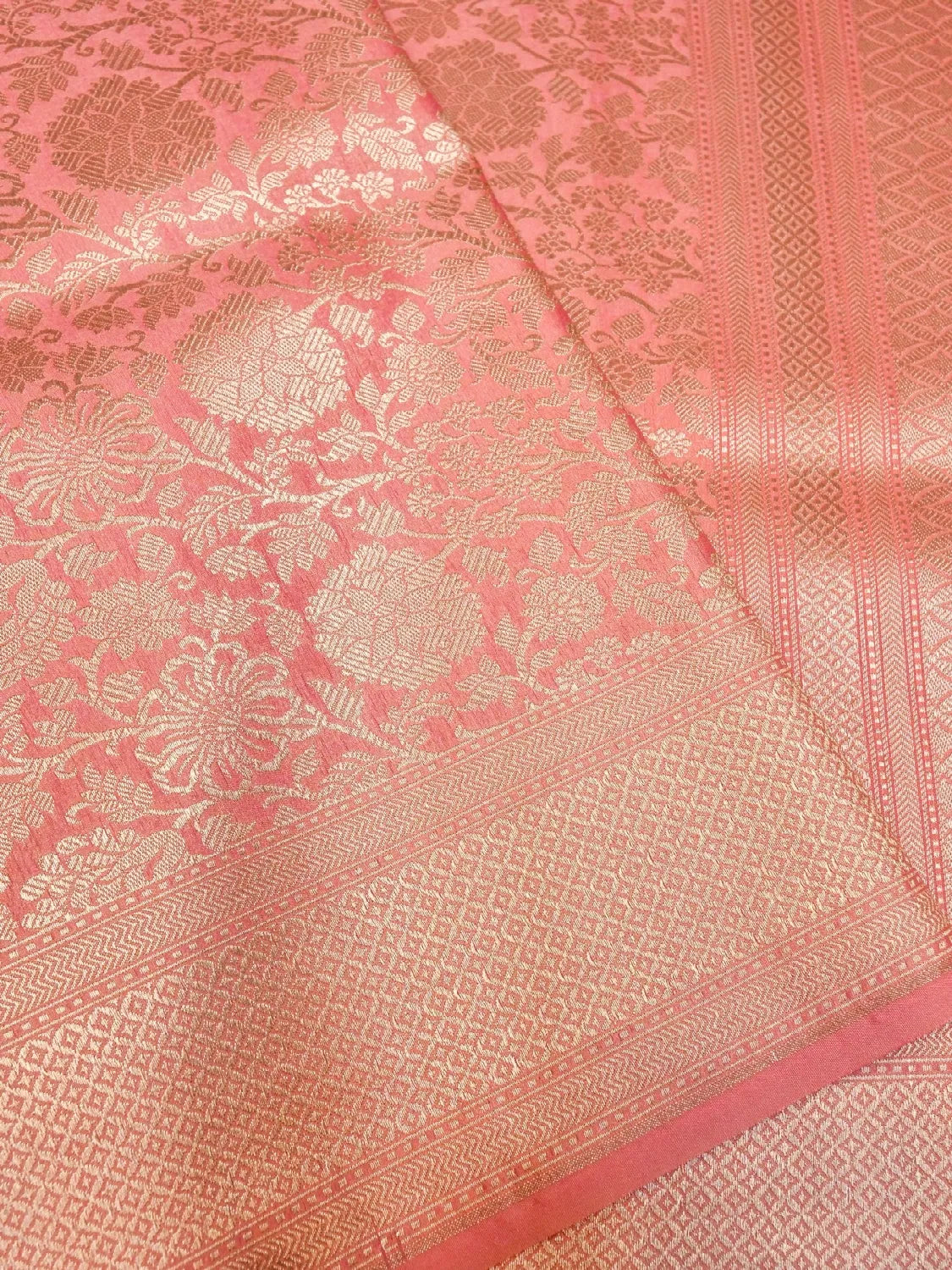 Handloom Peach Coral Banarasi Silk Saree with Golden Zari Jangla Weave DSK0079
