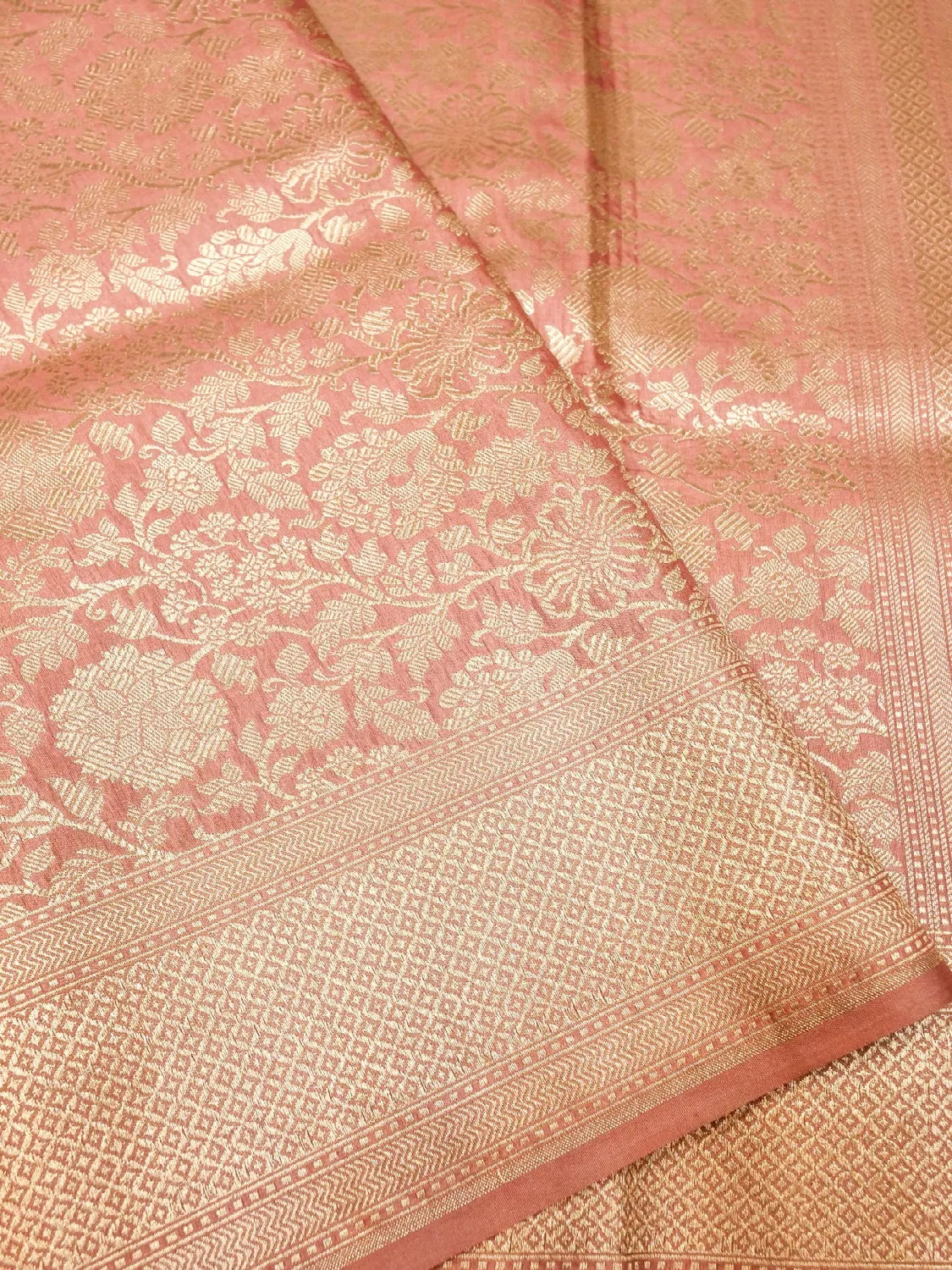 Handloom  Rose Color Banarasi Silk Saree with Antique Golden Zari Jangla Pattern DSK0080