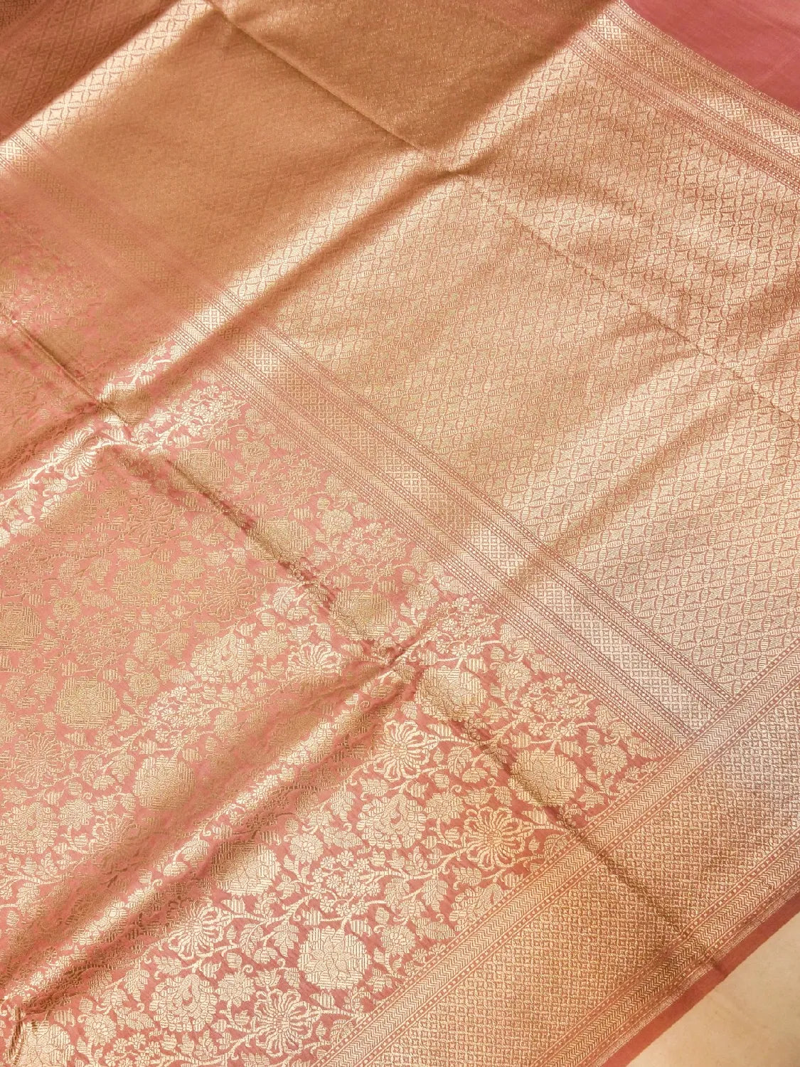 Handloom  Rose Color Banarasi Silk Saree with Antique Golden Zari Jangla Pattern DSK0080