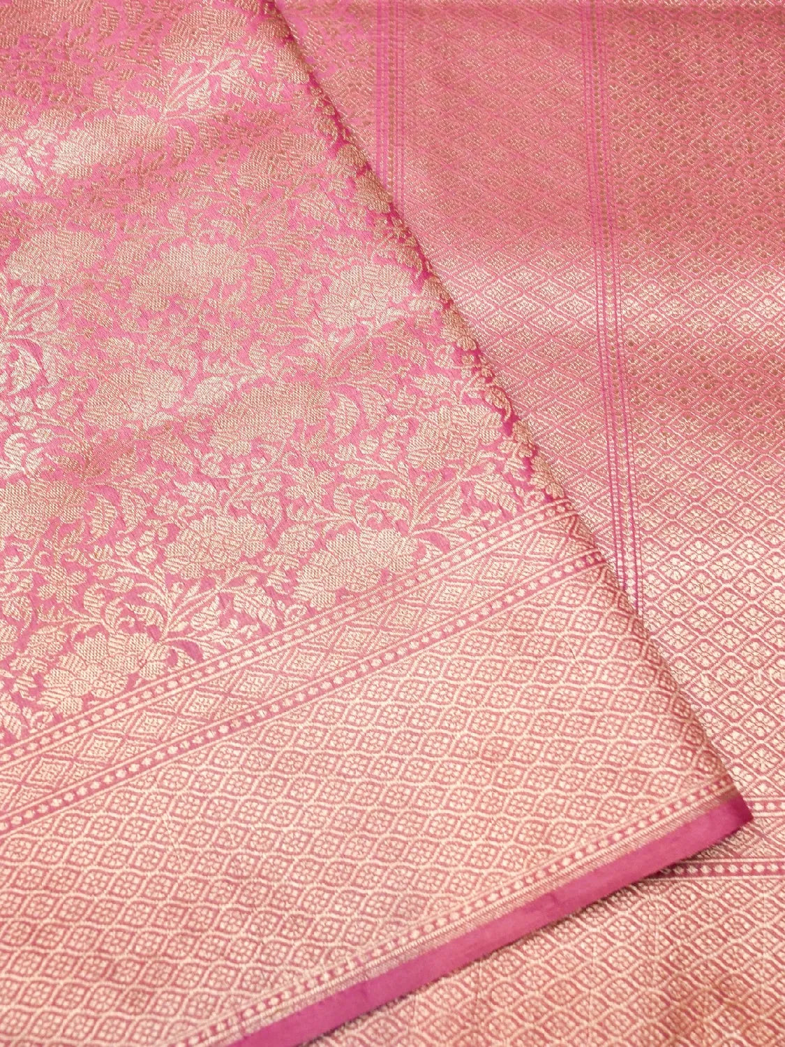 Handloom Raspberry Pink Banarasi Silk Saree with golden Zari Jangla Weave DSK0083