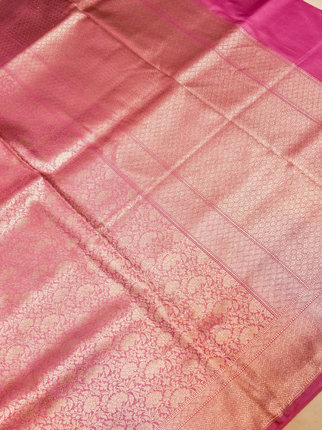 Handloom Raspberry Pink Banarasi Silk Saree with golden Zari Jangla Weave DSK0083