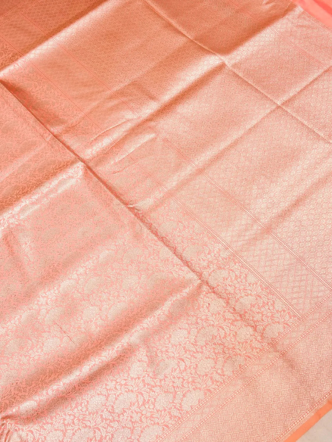 Handloom Apricot Orange Banarasi Katan Silk Saree with golden Zari Jangla Weave DSK0086