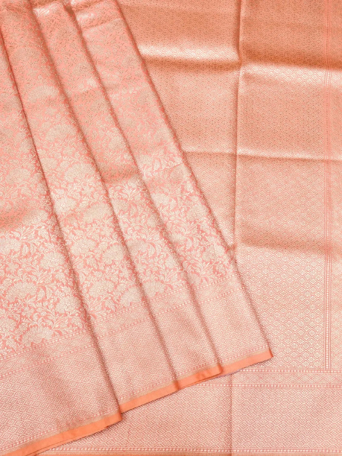 Handloom Apricot Orange Banarasi Katan Silk Saree with golden Zari Jangla Weave DSK0086