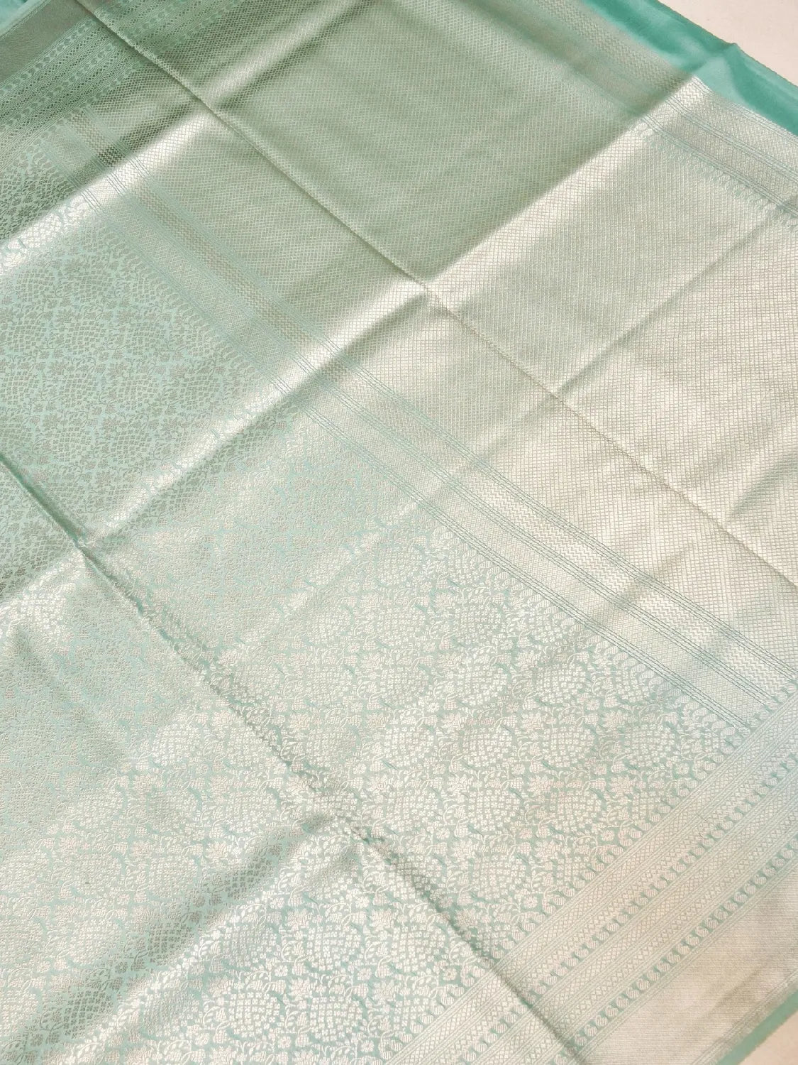 Handloom Aqua Green Banarasi Katan Silk Saree with golden Zari Jangla Weave DSK0088