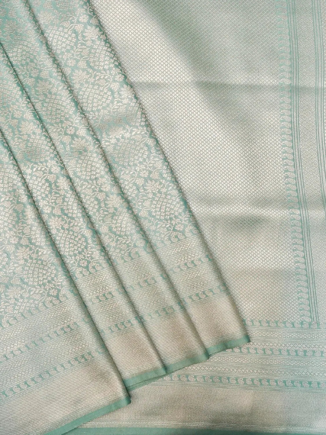 Handloom Aqua Green Banarasi Katan Silk Saree with golden Zari Jangla Weave DSK0088