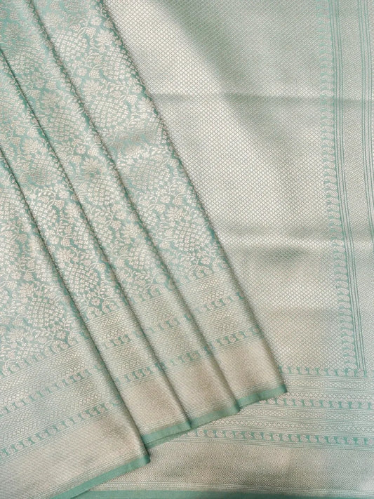 Handloom Aqua Green Banarasi Katan Silk Saree with golden Zari Jangla Weave DSK0088