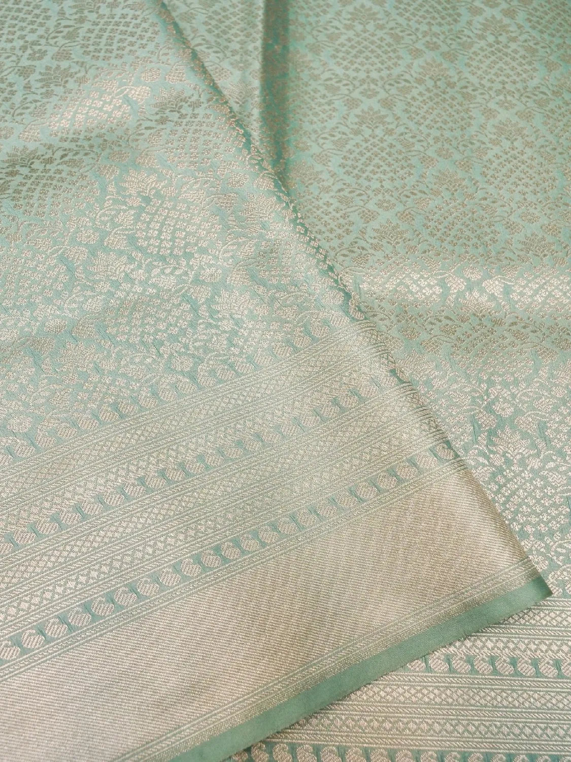 Handloom Aqua Green Banarasi Katan Silk Saree with golden Zari Jangla Weave DSK0088