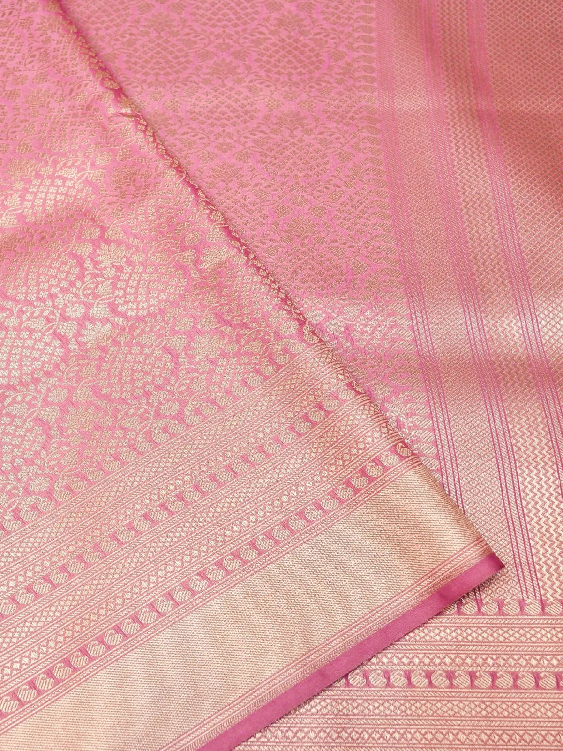 Handloom Carnation Pink Banarasi Katan Silk Saree with Golden Zari Jangla Weave DSK0091