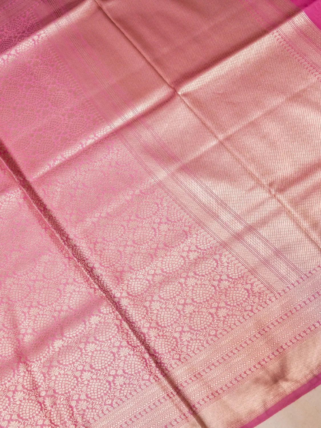 Handloom Carnation Pink Banarasi Katan Silk Saree with Golden Zari Jangla Weave DSK0091