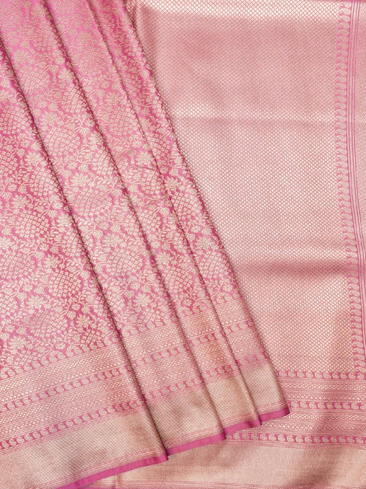 Handloom Carnation Pink Banarasi Katan Silk Saree with Golden Zari Jangla Weave DSK0091