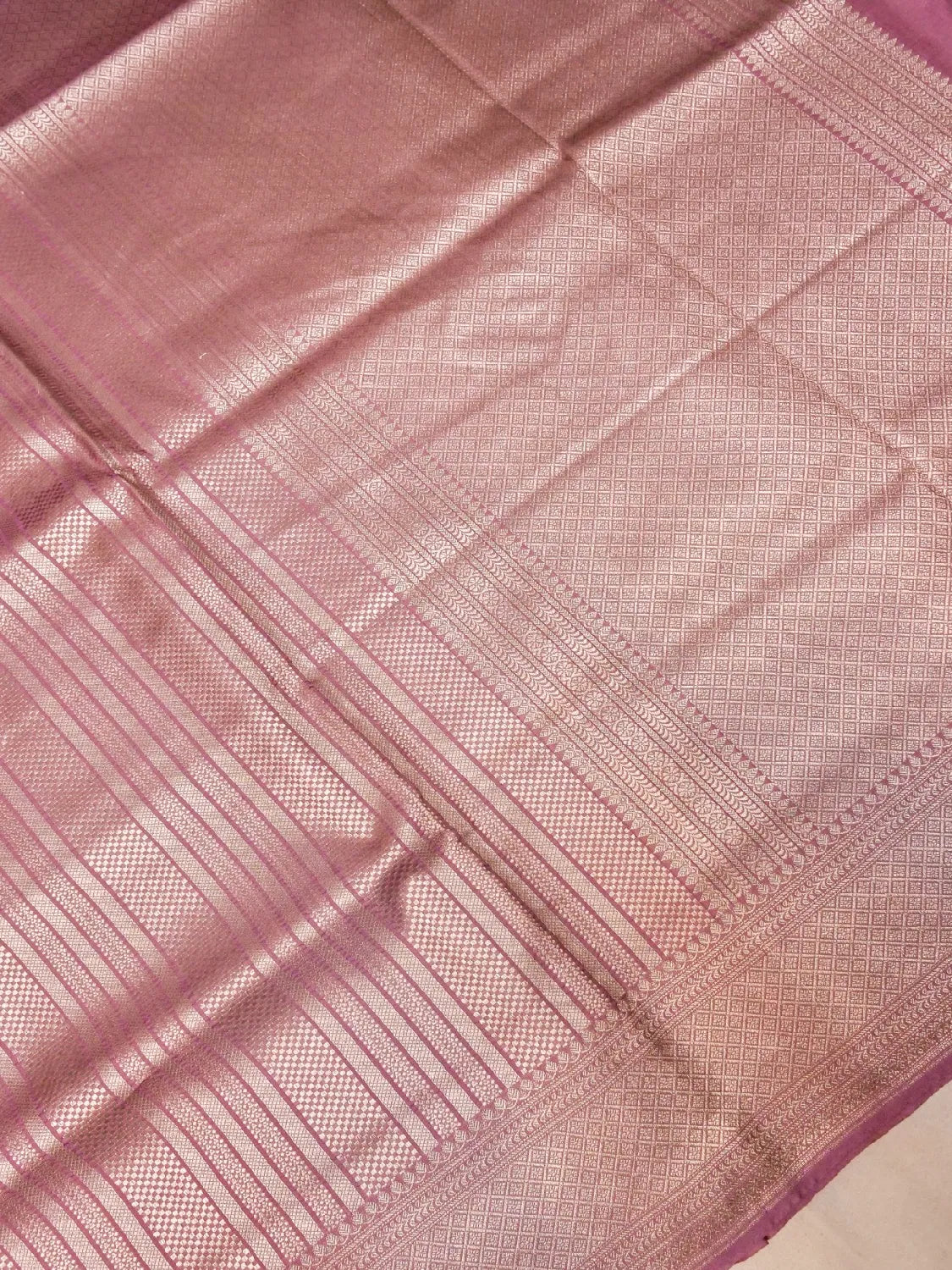Handloom Dusty Mauve Pink Banarasi Silk Saree with Golden Zari Jangla Weave DSK0092