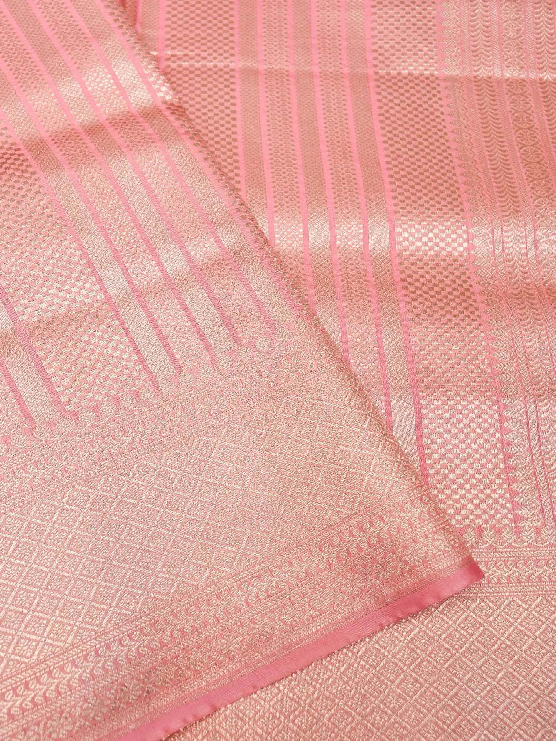 Handloom Blush Pink Banarasi Silk Saree with Golden Zari Vertical Stripes DSK0093