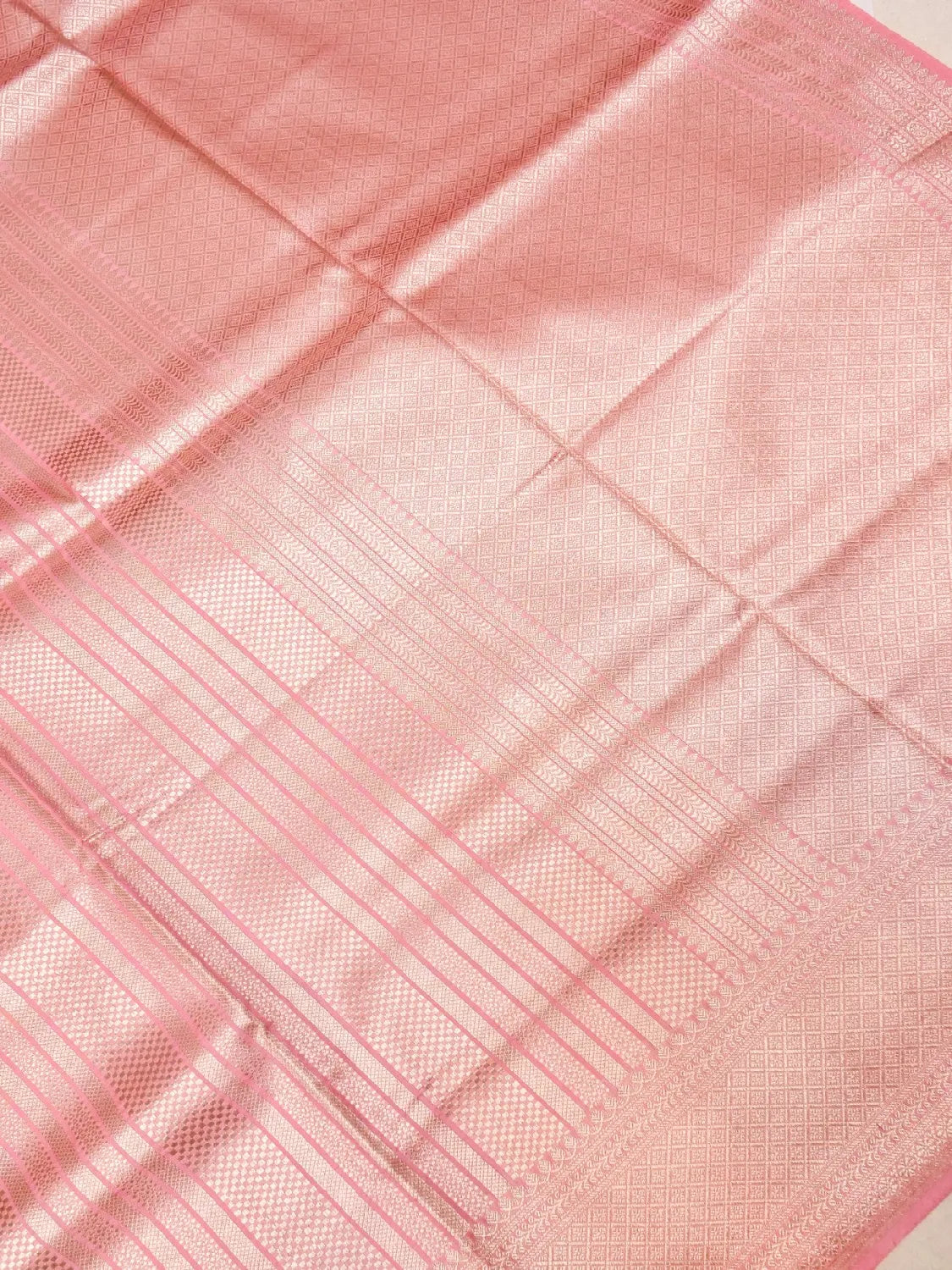 Handloom Blush Pink Banarasi Silk Saree with Golden Zari Vertical Stripes DSK0093