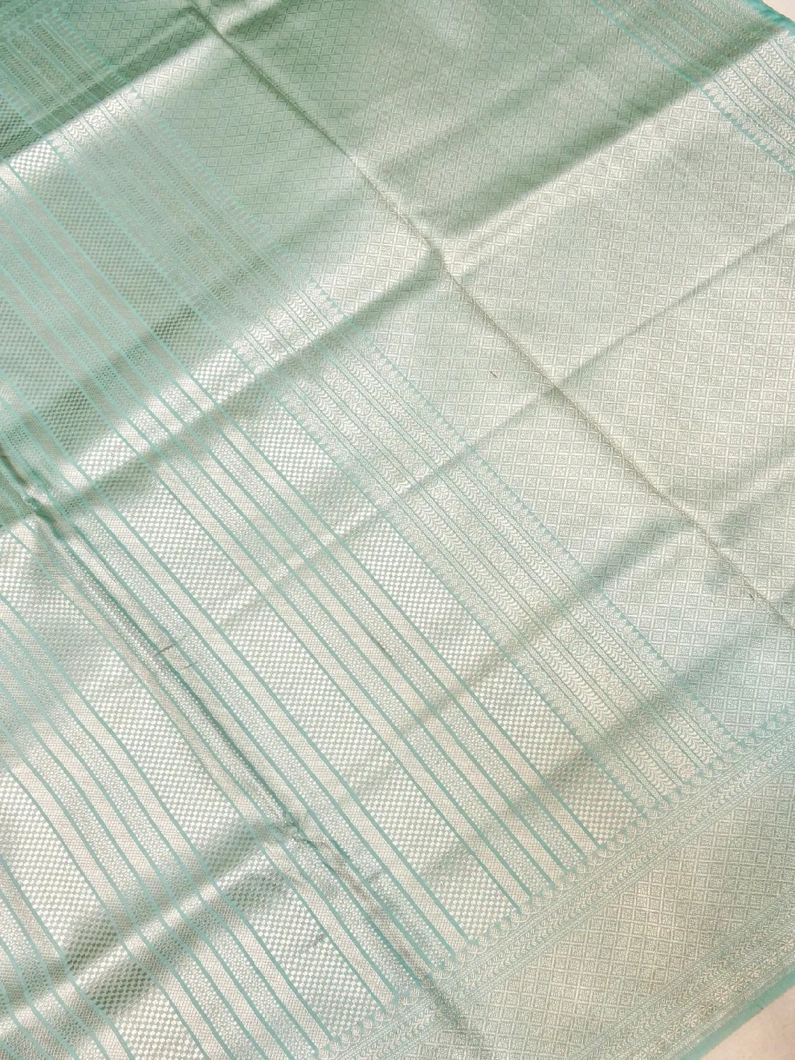 Handloom Seafoam Mint Green Banarasi Silk Saree with Golden Zari Vertical Stripes DSK0094