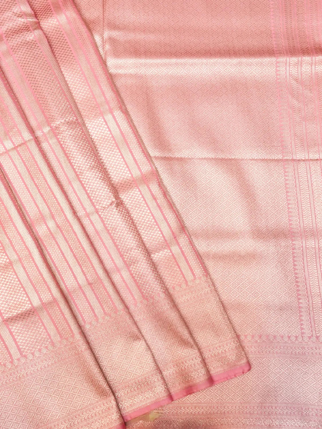 Handloom Blush Pink Banarasi Silk Saree with Golden Zari Vertical Stripes DSK0093