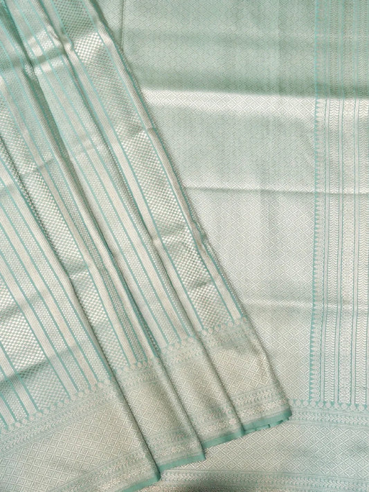 Handloom Seafoam Mint Green Banarasi Silk Saree with Golden Zari Vertical Stripes DSK0094