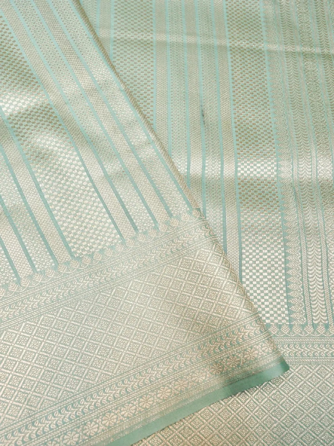 Handloom Seafoam Mint Green Banarasi Silk Saree with Golden Zari Vertical Stripes DSK0094