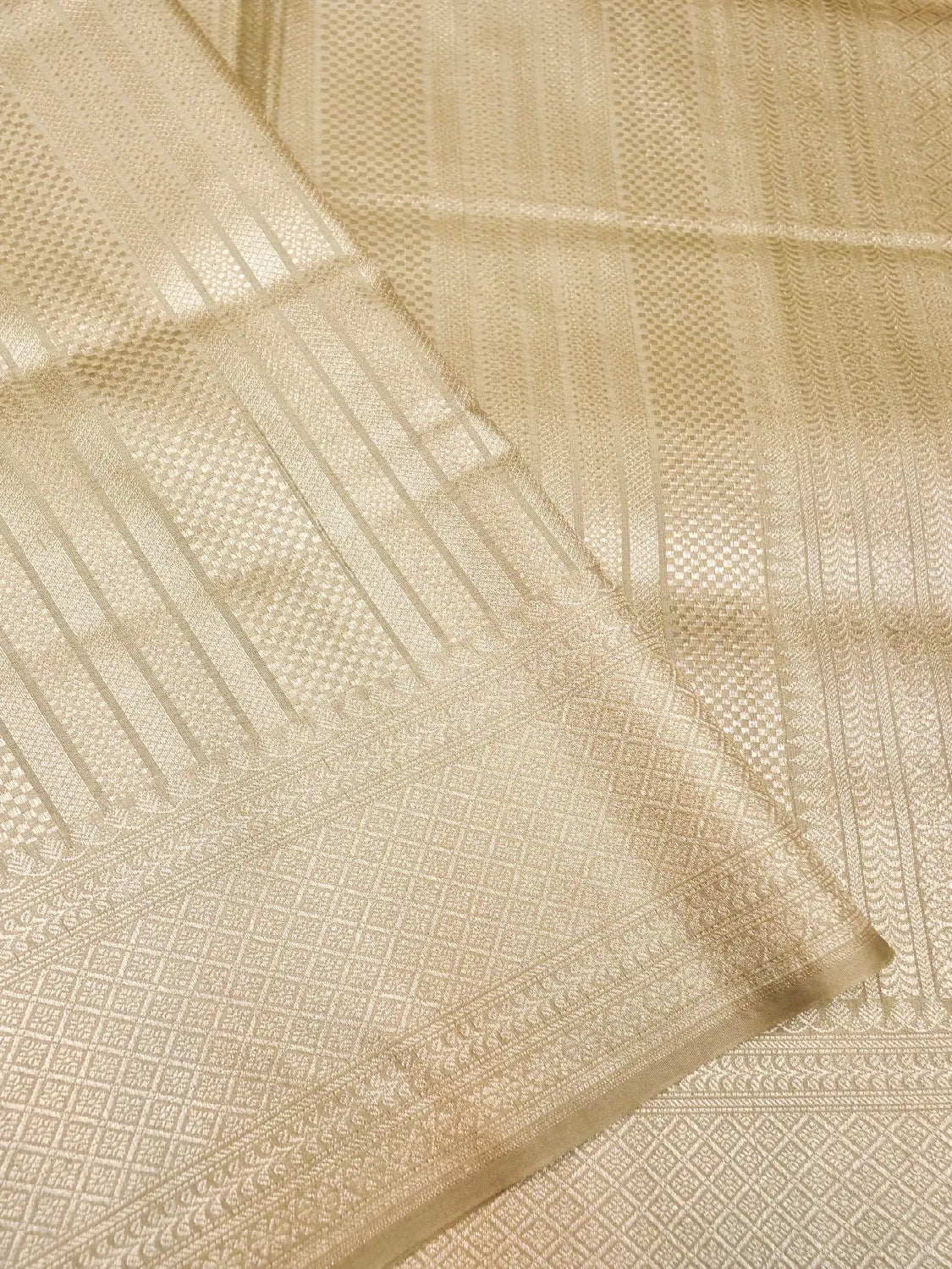 Handloom Champagne Beige Banarasi Silk Saree with Golden Zari Vertical Stripes DSK0095