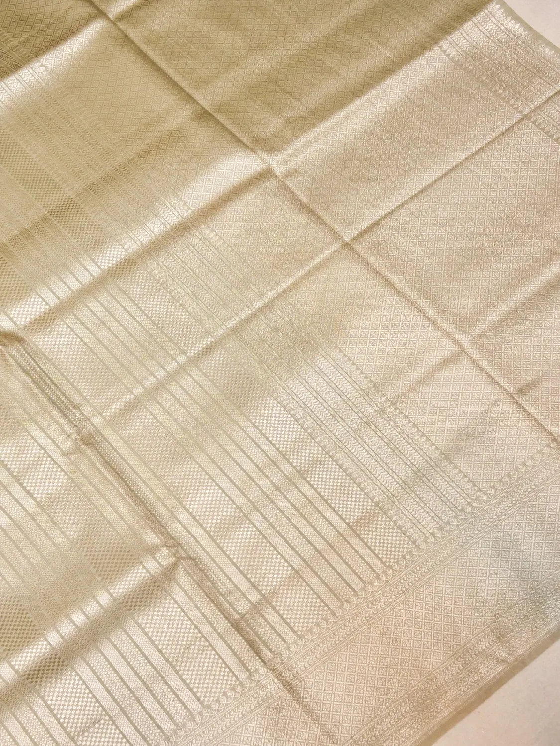 Handloom Champagne Beige Banarasi Silk Saree with Golden Zari Vertical Stripes DSK0095