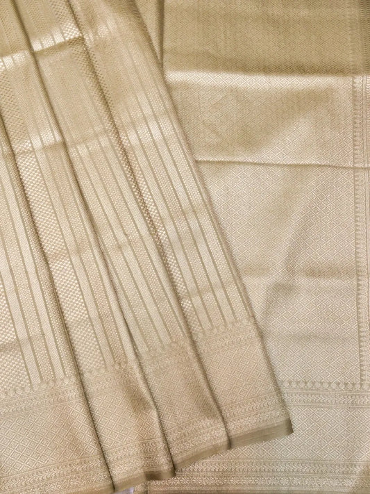 Handloom Champagne Beige Banarasi Silk Saree with Golden Zari Vertical Stripes DSK0095