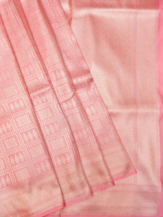 Handloom Coral Pink Banarasi Silk Saree with Golden Zari Geometric Floral Checks DSK0096