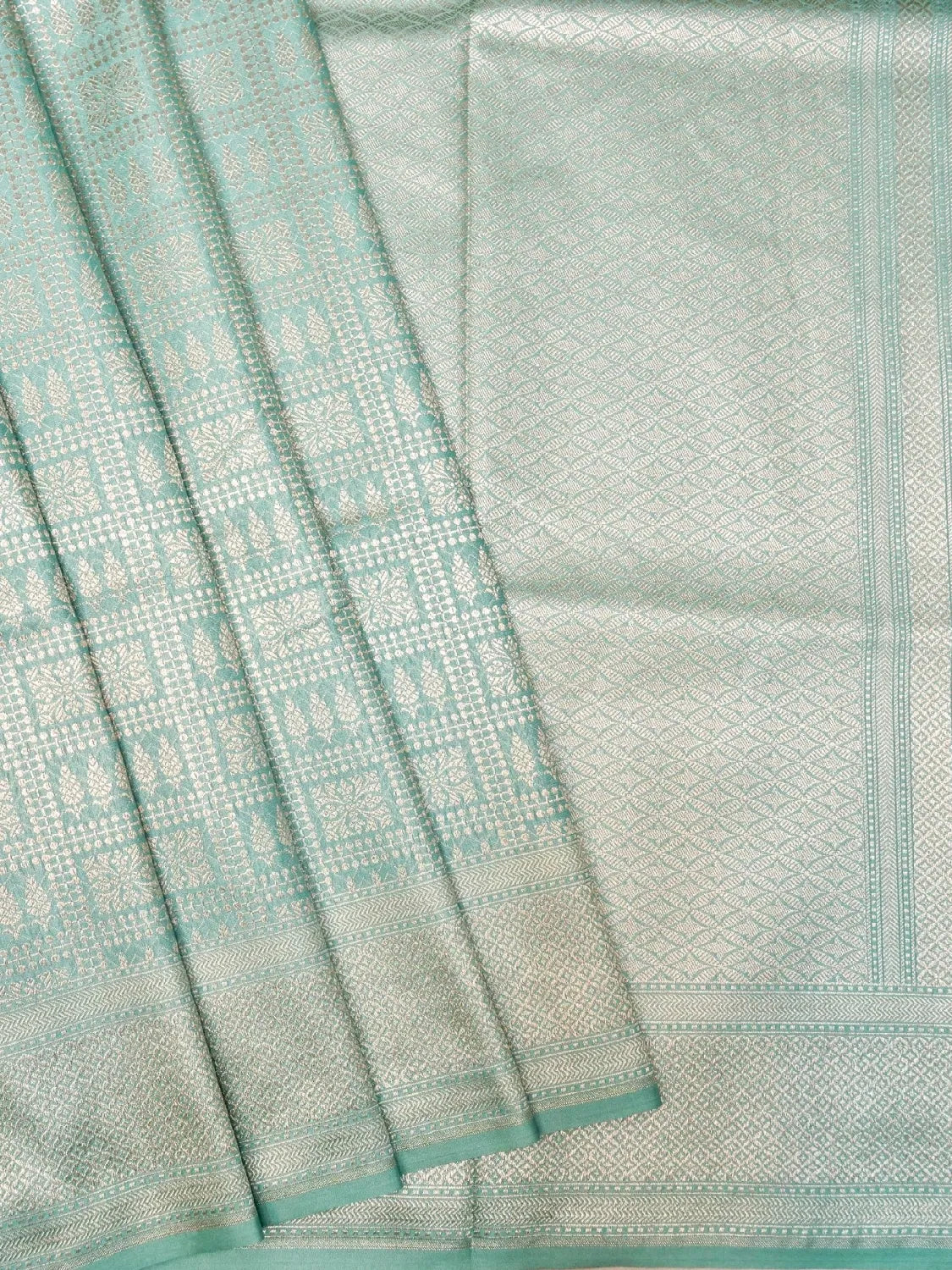 Handloom Firozi Turquoise Banarasi Silk Saree with Golden Zari Geometric Floral Checks DSK0097