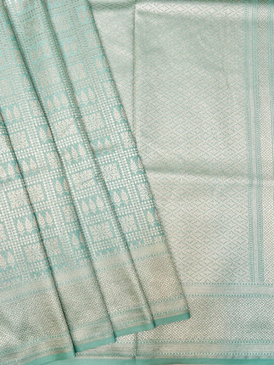 Handloom Firozi Turquoise Banarasi Silk Saree with Golden Zari Geometric Floral Checks DSK0097
