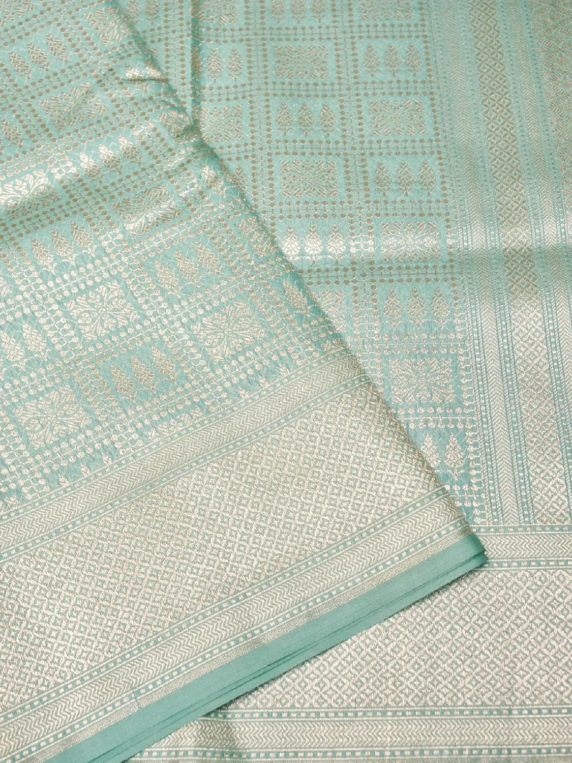 Handloom Firozi Turquoise Banarasi Silk Saree with Golden Zari Geometric Floral Checks DSK0097