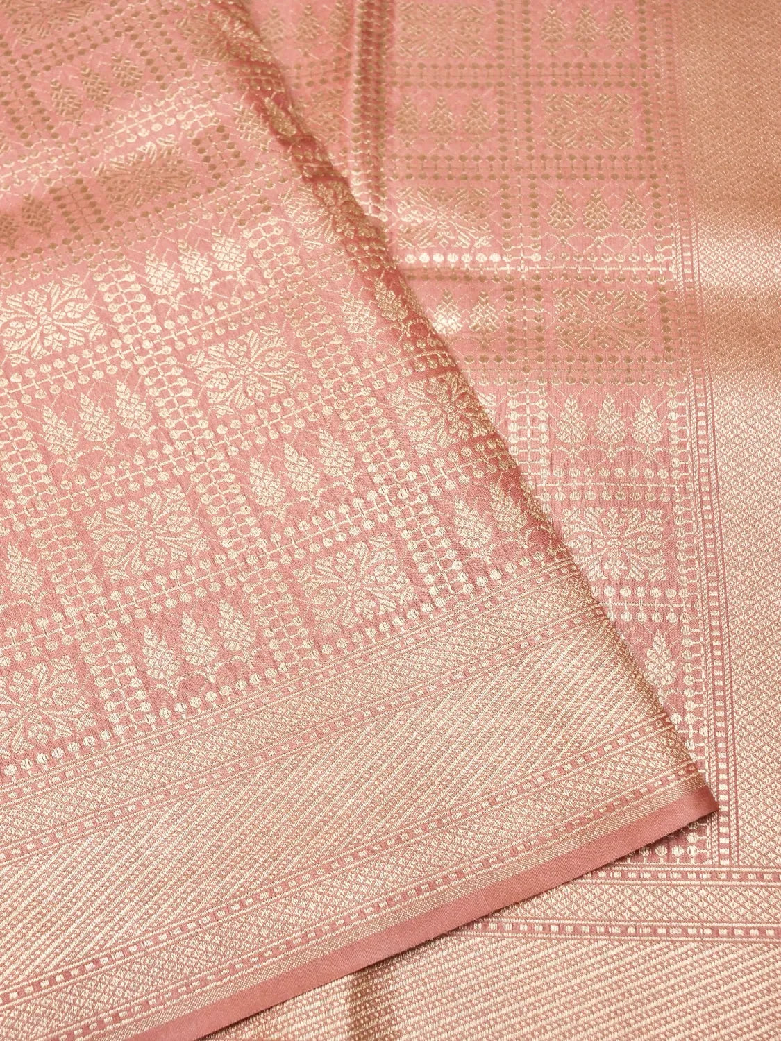 Handloom Dusty Onion Pink Banarasi Silk Saree with Golden Zari Geometric Floral Checks DSK0098