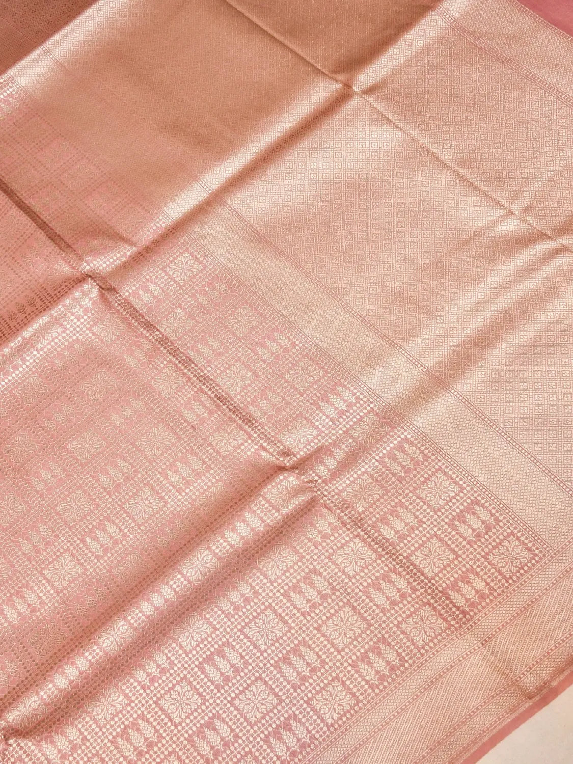 Handloom Dusty Onion Pink Banarasi Silk Saree with Golden Zari Geometric Floral Checks DSK0098
