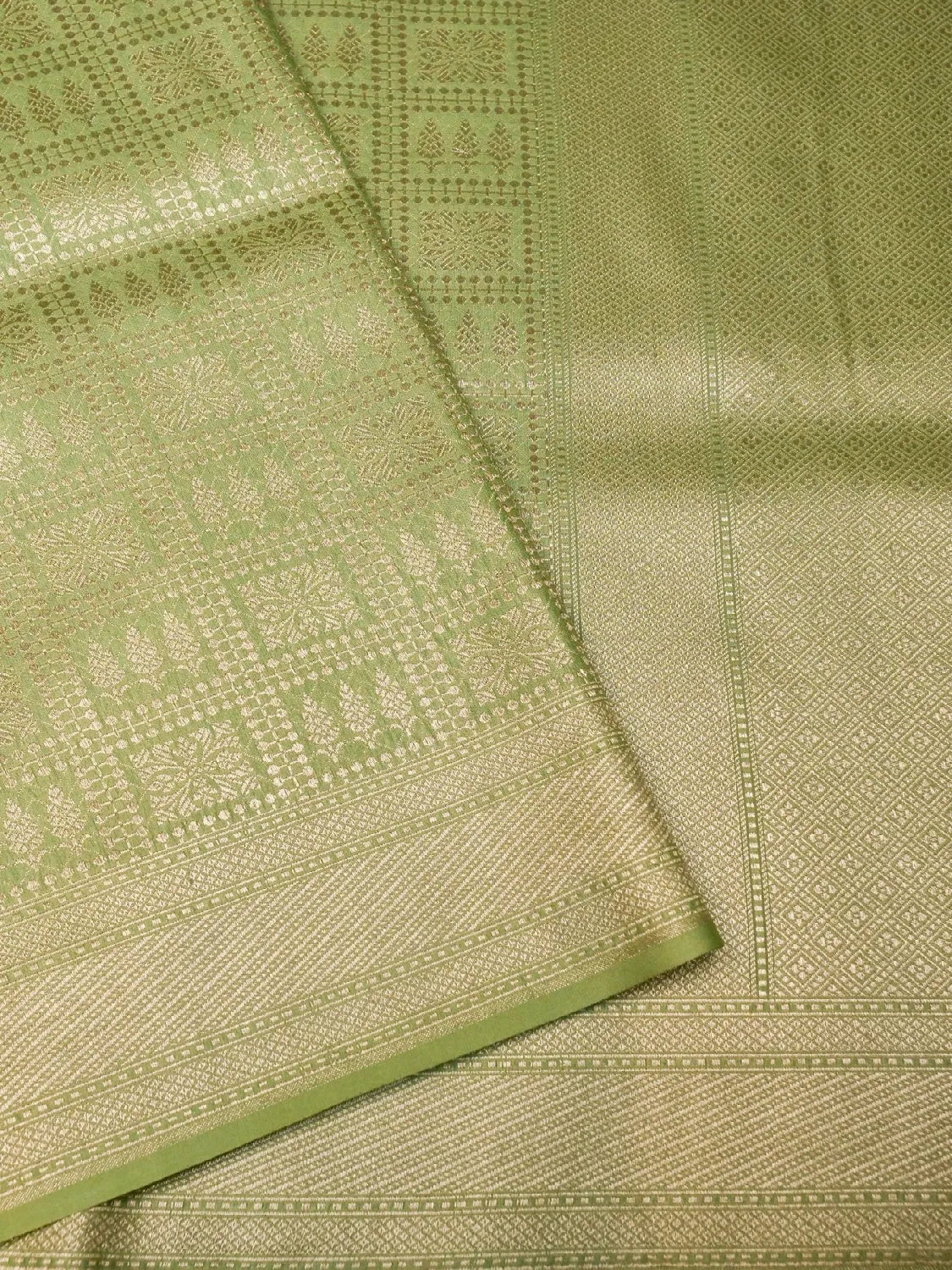 Handloom Parrot Green Banarasi Silk Saree with Golden Zari Geometric Floral Checks DSK0099