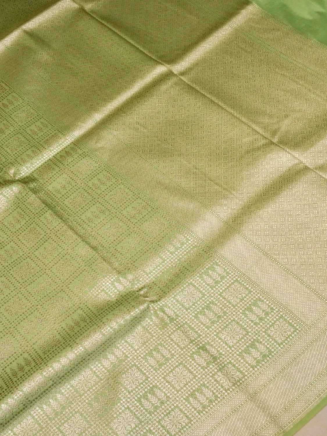 Handloom Parrot Green Banarasi Silk Saree with Golden Zari Geometric Floral Checks DSK0099