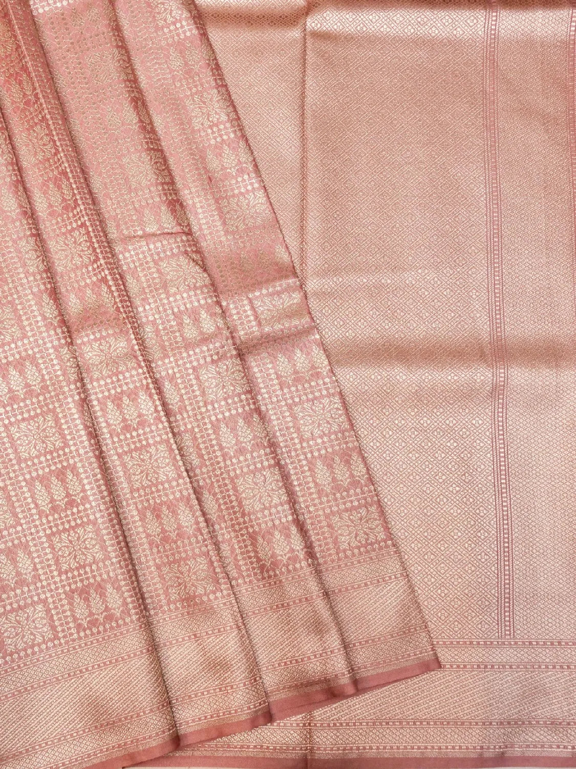 Handloom Dusty Onion Pink Banarasi Silk Saree with Golden Zari Geometric Floral Checks DSK0098
