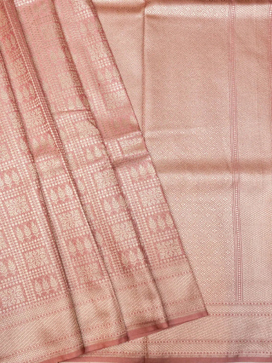Handloom Dusty Onion Pink Banarasi Silk Saree with Golden Zari Geometric Floral Checks DSK0098