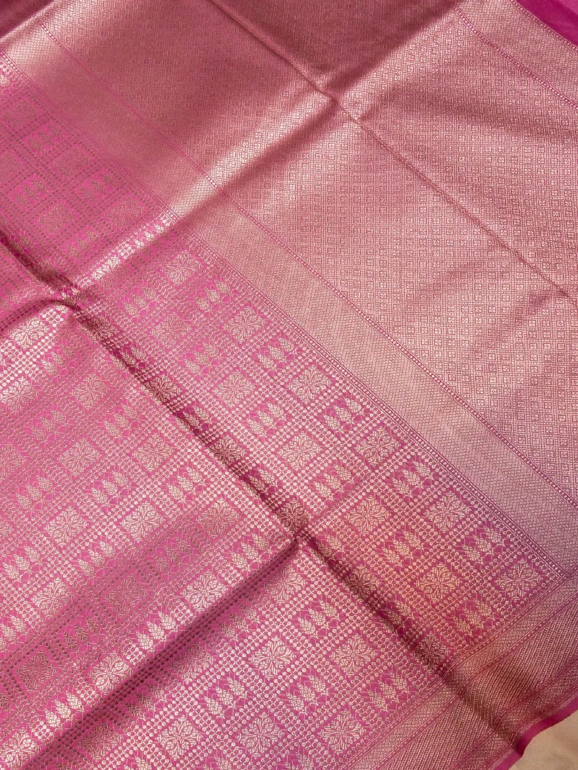 Handloom Magenta Pink Banarasi Silk with Golden Zari Geometric Floral Checks DSK00100