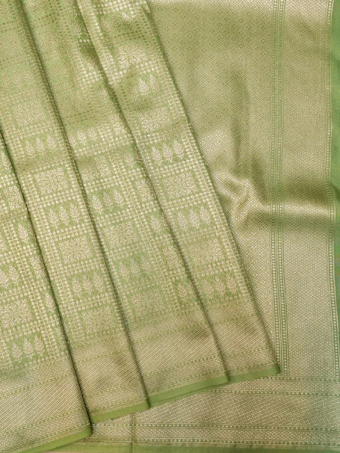 Handloom Parrot Green Banarasi Silk Saree with Golden Zari Geometric Floral Checks DSK0099