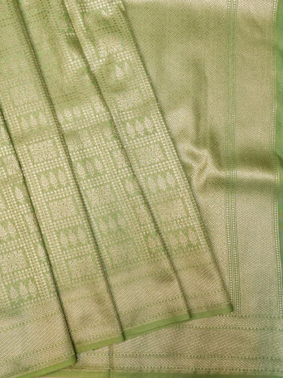 Handloom Parrot Green Banarasi Silk Saree with Golden Zari Geometric Floral Checks DSK0099