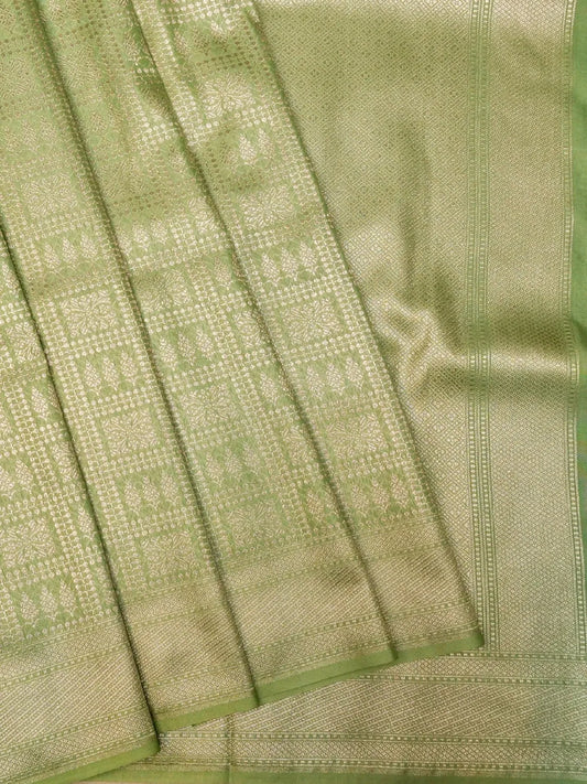 Handloom Parrot Green Banarasi Silk Saree with Golden Zari Geometric Floral Checks DSK0099